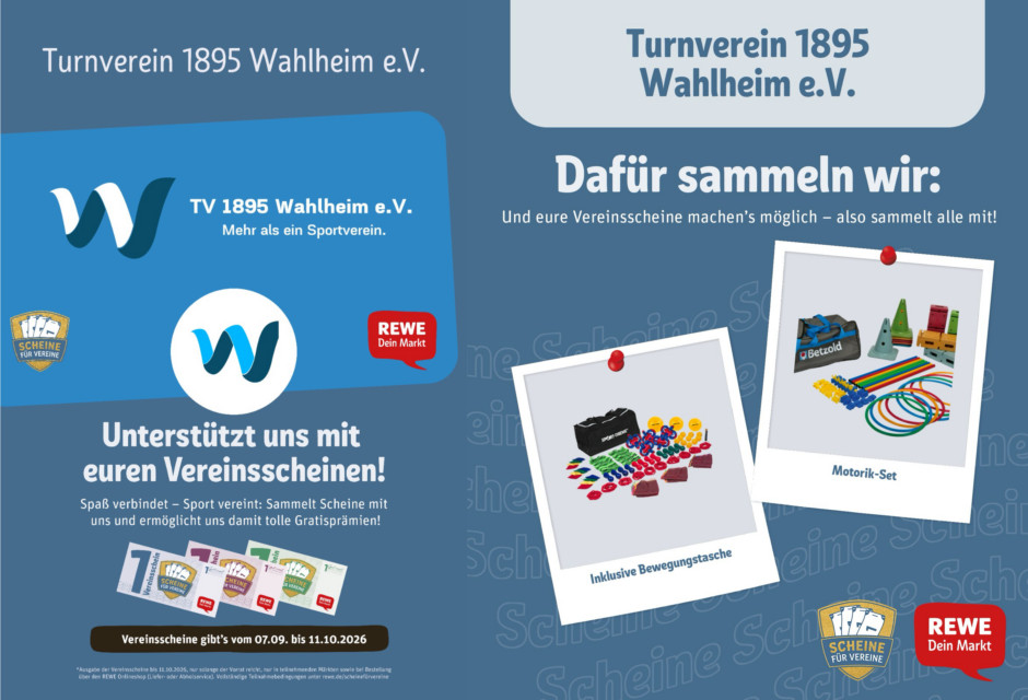 Für den TV Wahlheim Vereinsscheine bei Rewe und toom sammeln!